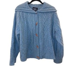 Eddie Bauer Women’s XL Blue Lamb's Wool Hooded Long Sleeve Cable knit Cardigan